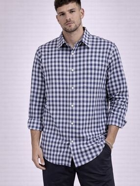 Thomas Dean Performance Shirt Mens XL Blue Check Button Front Stretch